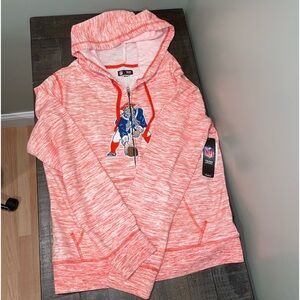 NWT Ladies, Red And White , Hooded, Patriot’s Sweatshirt. Size Large